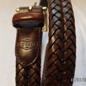 Men's Fossil Genuine Leather Braided Brown Belt Gold Hardware
